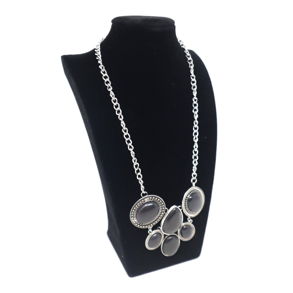 Black Bib Necklace Silver Tone Statement Stone Cluster Faux Onyx Jet Gothic